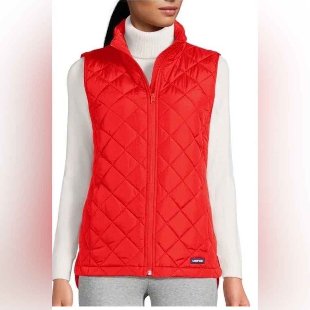 Lands'‎ End Women's Vibrant Red Diamond Quilted Vest Puffer Pockets Stand Collar